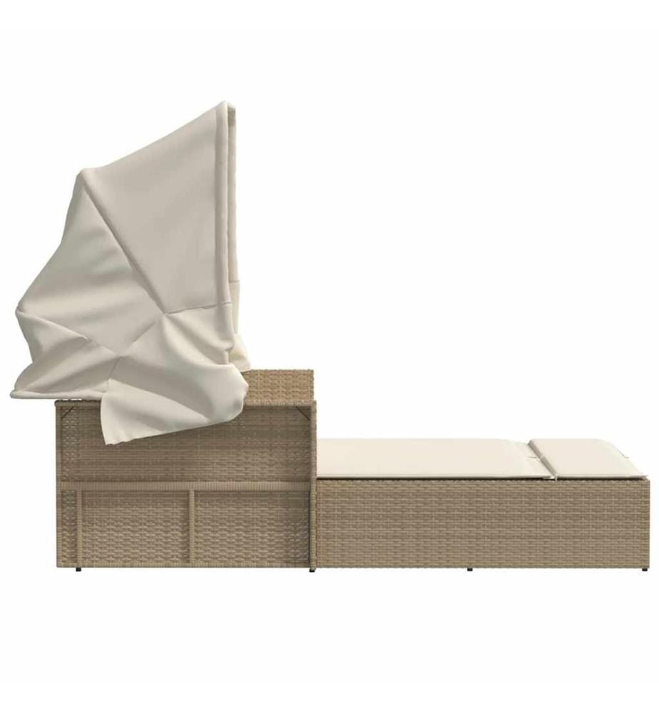 vidaXL Doppel-Sonnenliege mit Dach und Auflagen Beige Poly Rattan