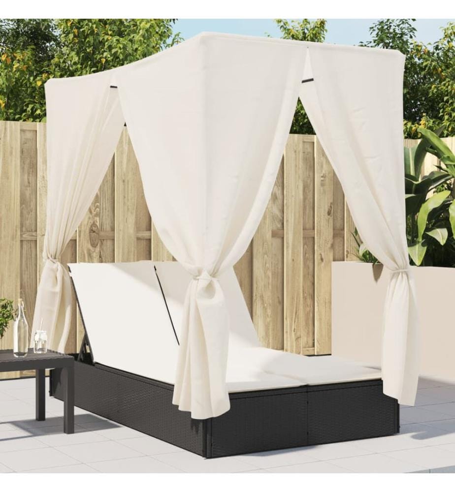 vidaXL Doppel-Sonnenliege mit Dach und Vorhängen Schwarz Poly-Rattan