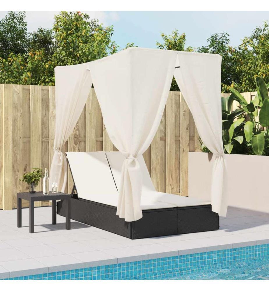 vidaXL Doppel-Sonnenliege mit Dach und Vorhängen Schwarz Poly-Rattan