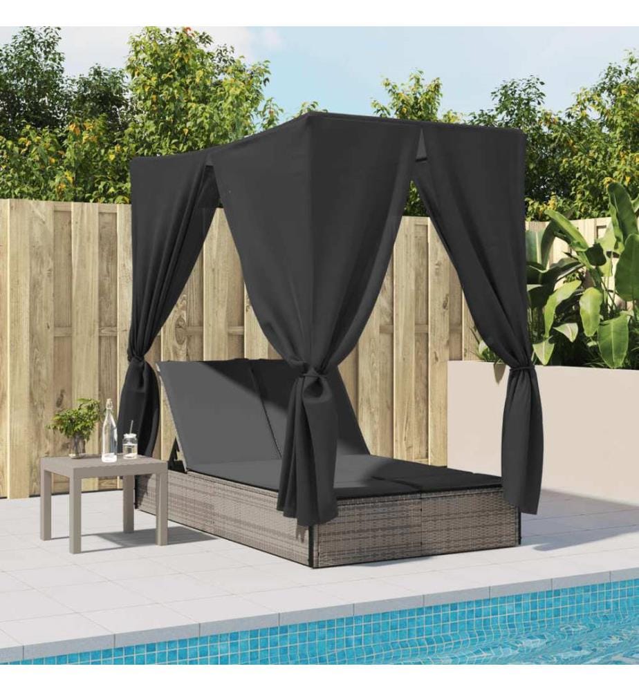 vidaXL Doppel-Sonnenliege mit Dach und Vorhängen Grau Poly Rattan