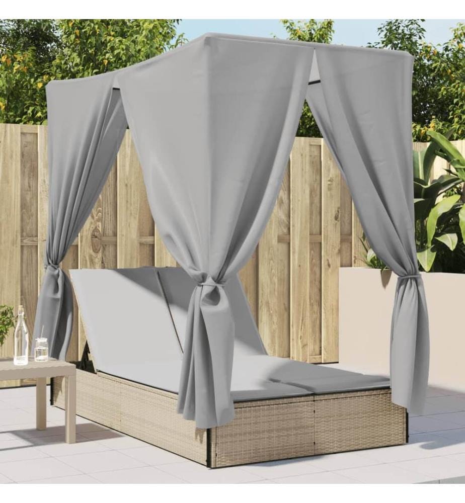 vidaXL Doppel-Sonnenliege mit Dach und Vorhängen Beige Poly Rattan