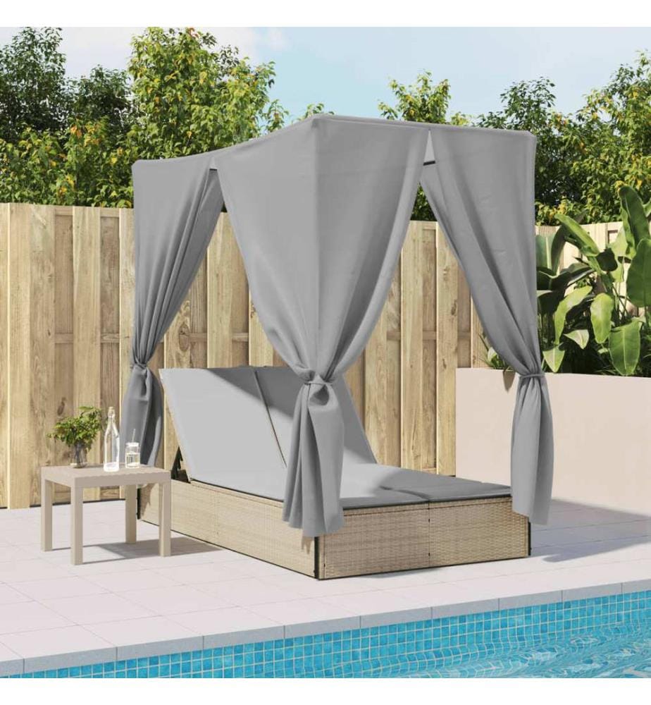 vidaXL Doppel-Sonnenliege mit Dach und Vorhängen Beige Poly Rattan