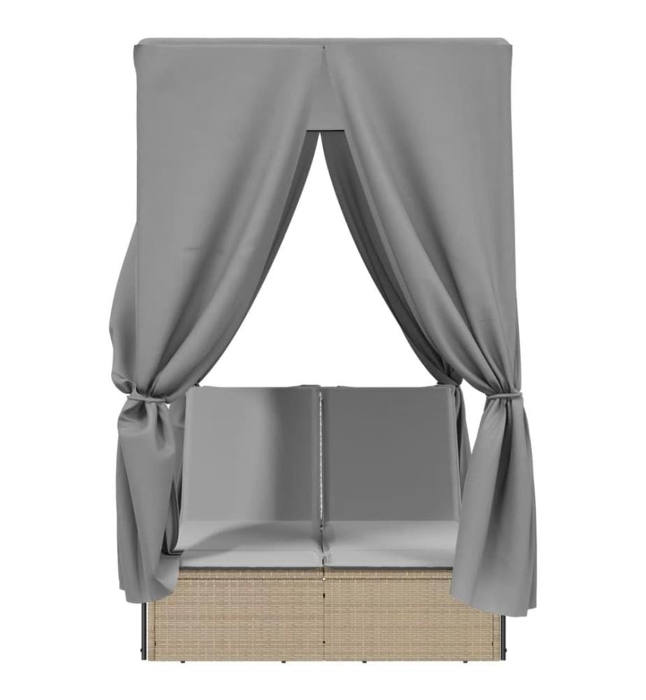vidaXL Doppel-Sonnenliege mit Dach und Vorhängen Beige Poly Rattan