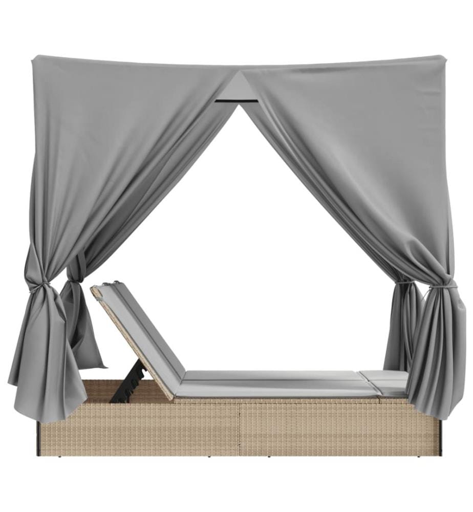 vidaXL Doppel-Sonnenliege mit Dach und Vorhängen Beige Poly Rattan