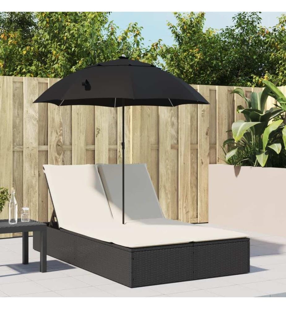 vidaXL Doppel-Sonnenliege mit Kissen&Sonnenschirm Schwarz Poly Rattan