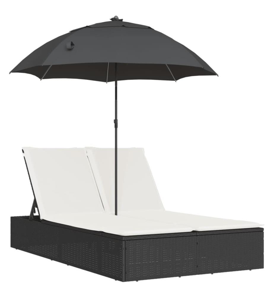 vidaXL Doppel-Sonnenliege mit Kissen&Sonnenschirm Schwarz Poly Rattan