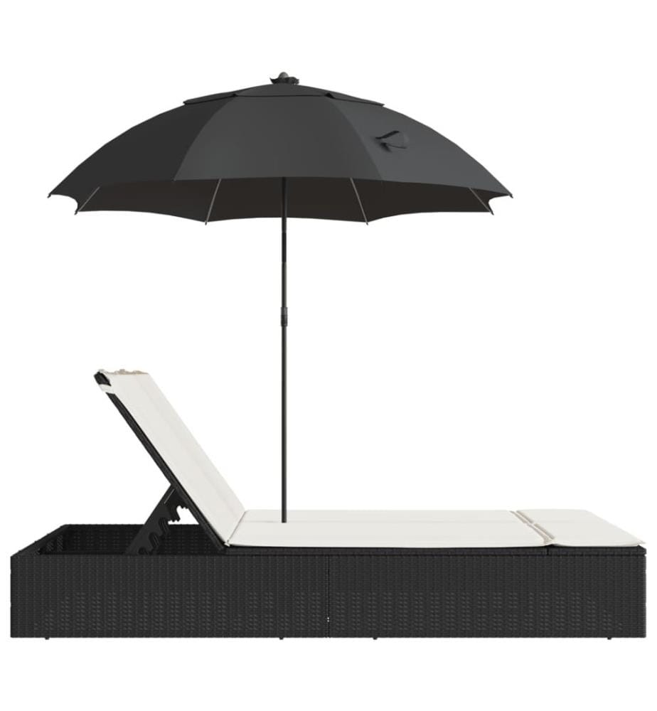 vidaXL Doppel-Sonnenliege mit Kissen&Sonnenschirm Schwarz Poly Rattan