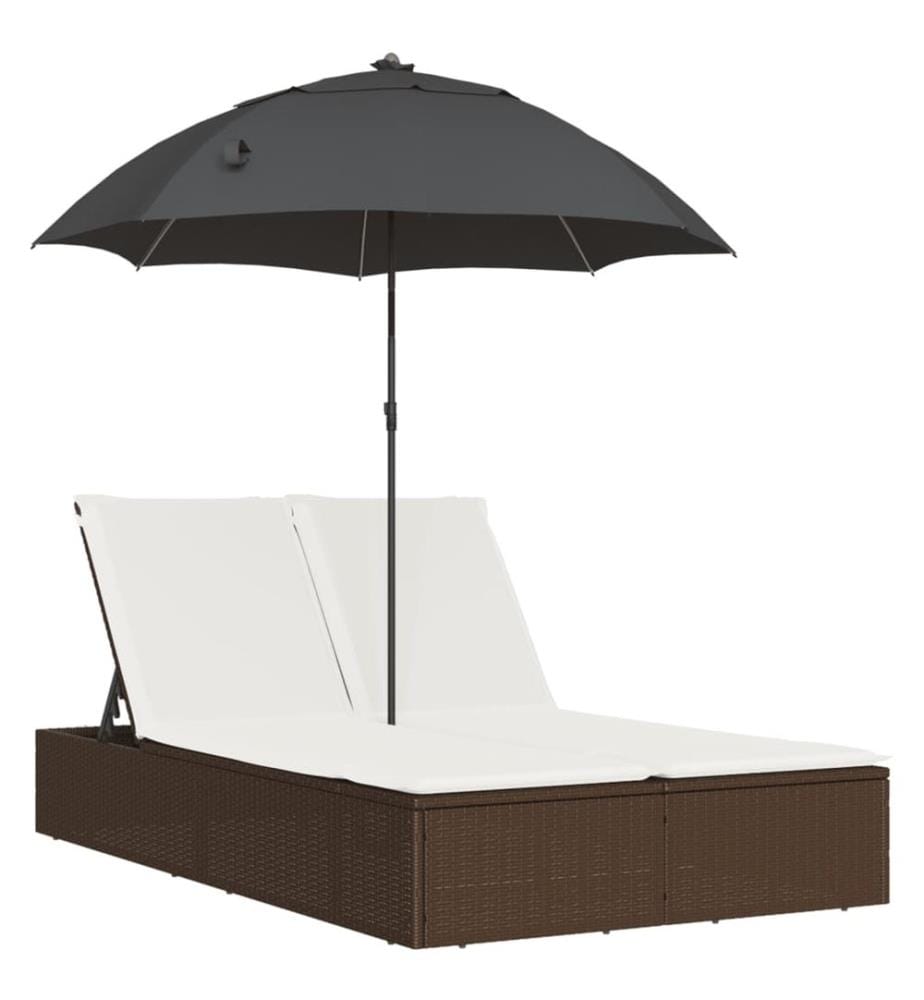 vidaXL Doppel-Sonnenliege mit Kissen & Sonnenschirm Braun Poly Rattan