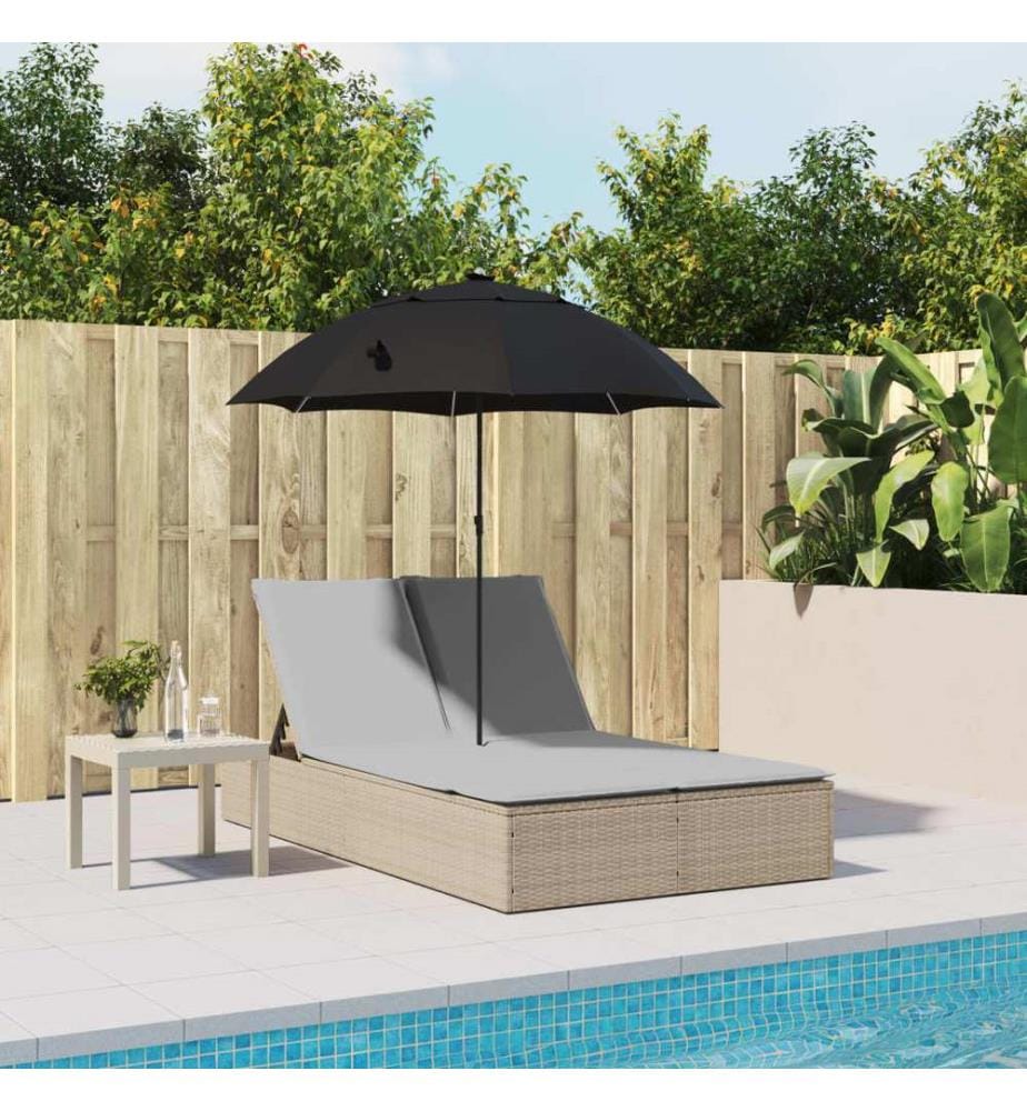 vidaXL Doppel-Sonnenliege mit Kissen & Sonnenschirm Beige Poly Rattan