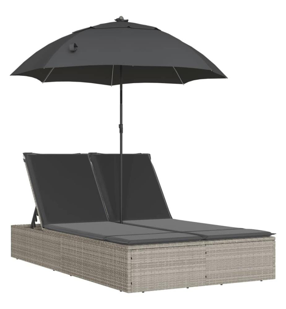 vidaXL Chaise longue double avec coussins et parasol gris clair rotin