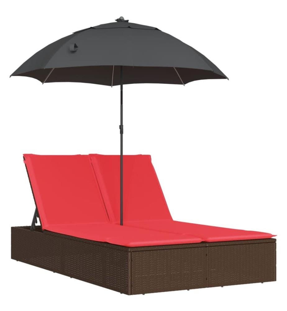 vidaXL Doppel-Sonnenliege mit Kissen & Sonnenschirm Braun Poly Rattan