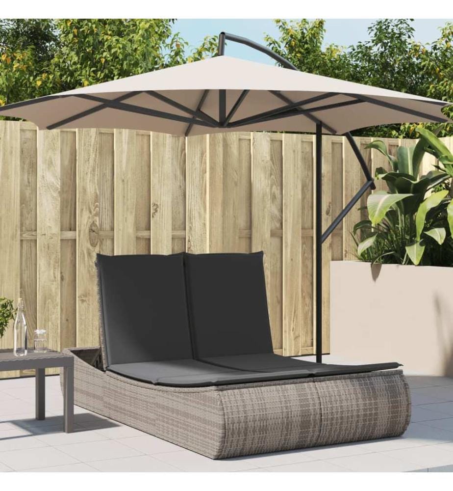 vidaXL Doppel-Sonnenliege mit Kissen Grau Poly Rattan