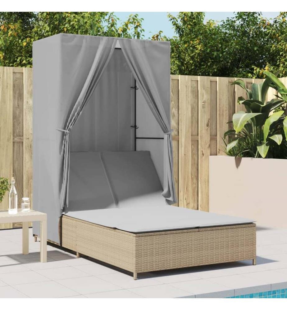 vidaXL Doppel-Sonnenliege mit Dach und Vorhängen Beige Poly Rattan