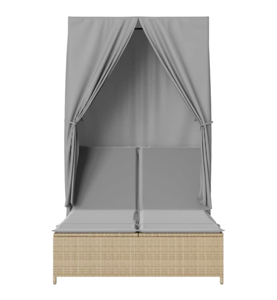 vidaXL Doppel-Sonnenliege mit Dach und Vorhängen Beige Poly Rattan