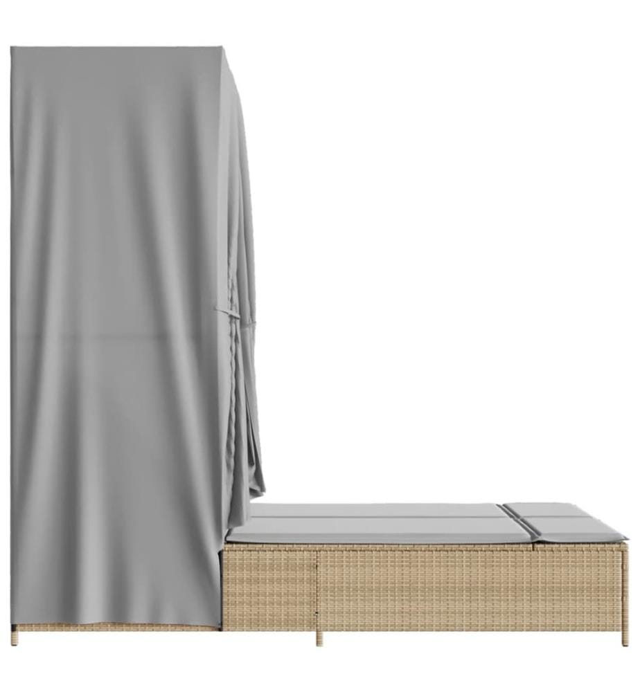 vidaXL Doppel-Sonnenliege mit Dach und Vorhängen Beige Poly Rattan
