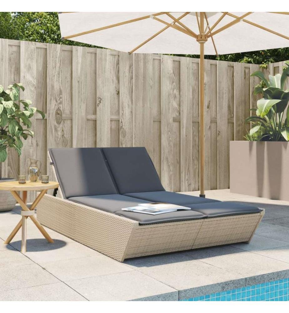 vidaXL Doppel-Sonnenliege mit Auflagen Beige Poly Rattan