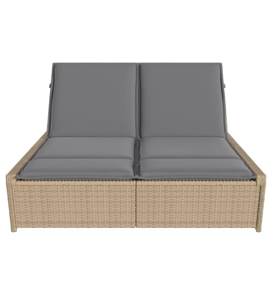 vidaXL Doppel-Sonnenliege mit Auflagen Beige Poly Rattan
