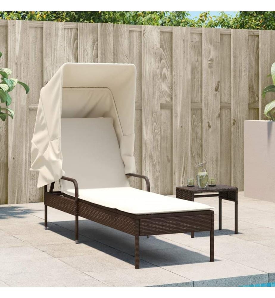 vidaXL Sonnenliege mit Dach und Tisch Braun Poly Rattan