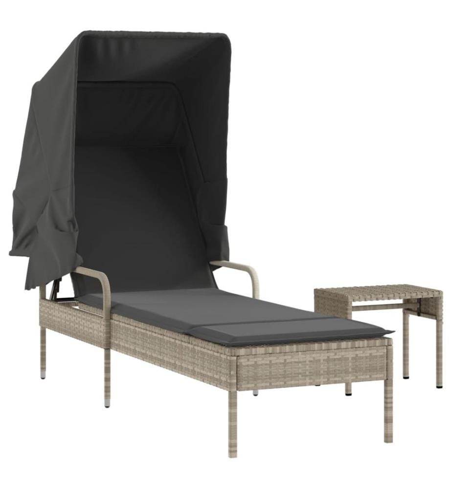 vidaXL Sonnenliege mit Dach und Tisch Hellgrau Poly Rattan
