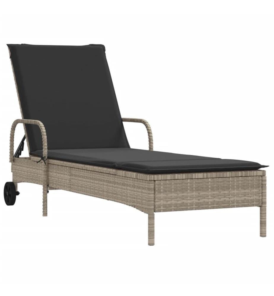 vidaXL Sonnenliege mit Rollen und Auflage Hellgrau Poly Rattan