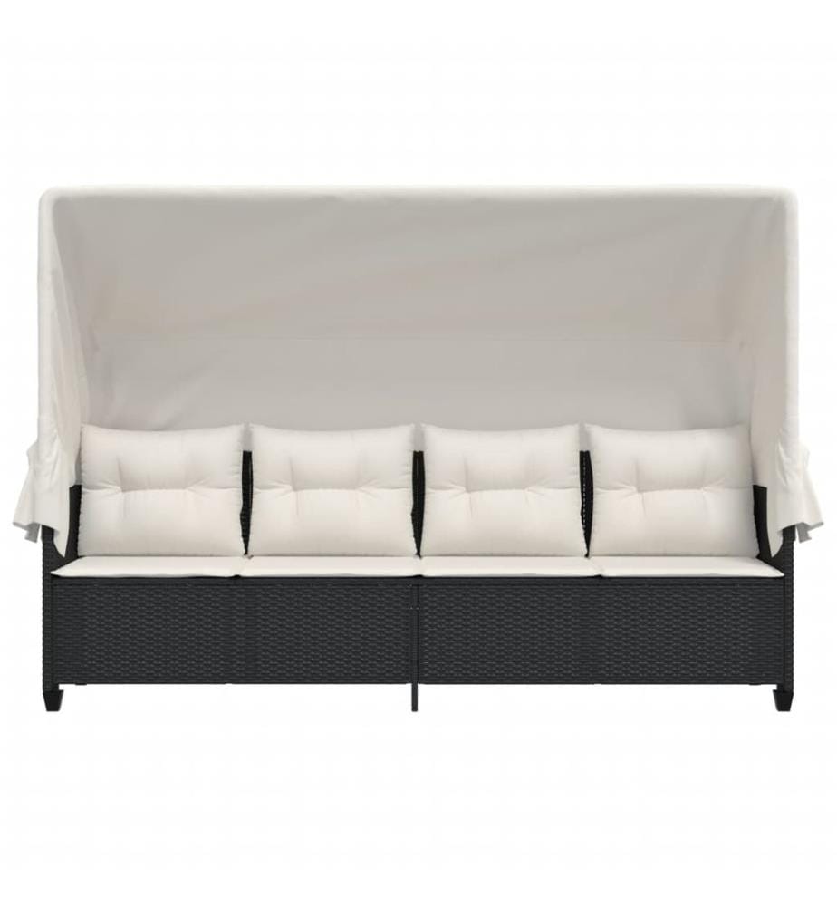 vidaXL Sonnenliege mit Dach und Kissen Schwarz Poly Rattan