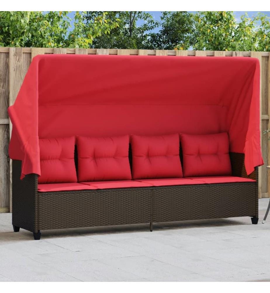 vidaXL Sonnenliege mit Dach und Kissen Braun Poly Rattan