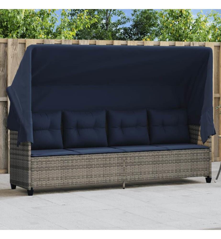 vidaXL Sonnenliege mit Dach und Kissen Grau Poly Rattan
