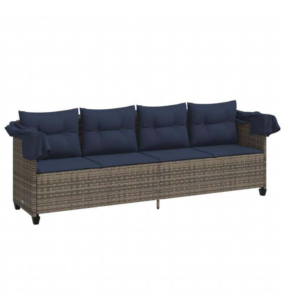 vidaXL Sonnenliege mit Dach und Kissen Grau Poly Rattan