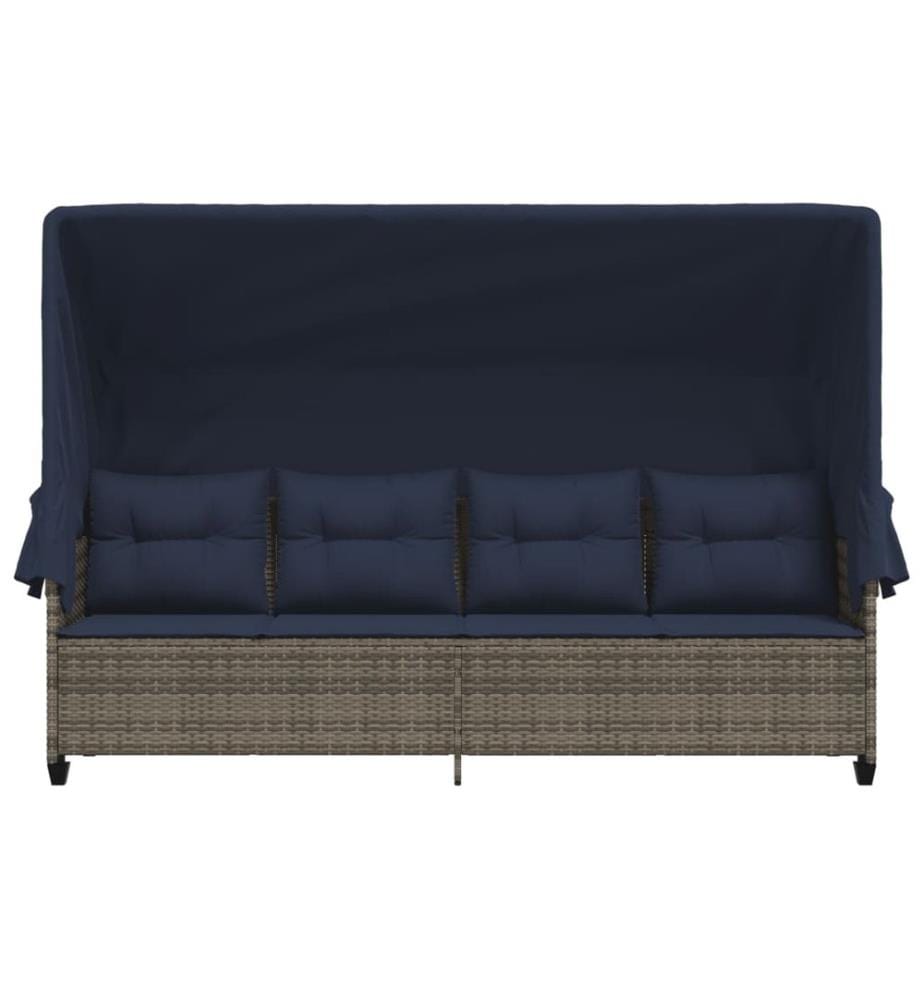 vidaXL Sonnenliege mit Dach und Kissen Grau Poly Rattan