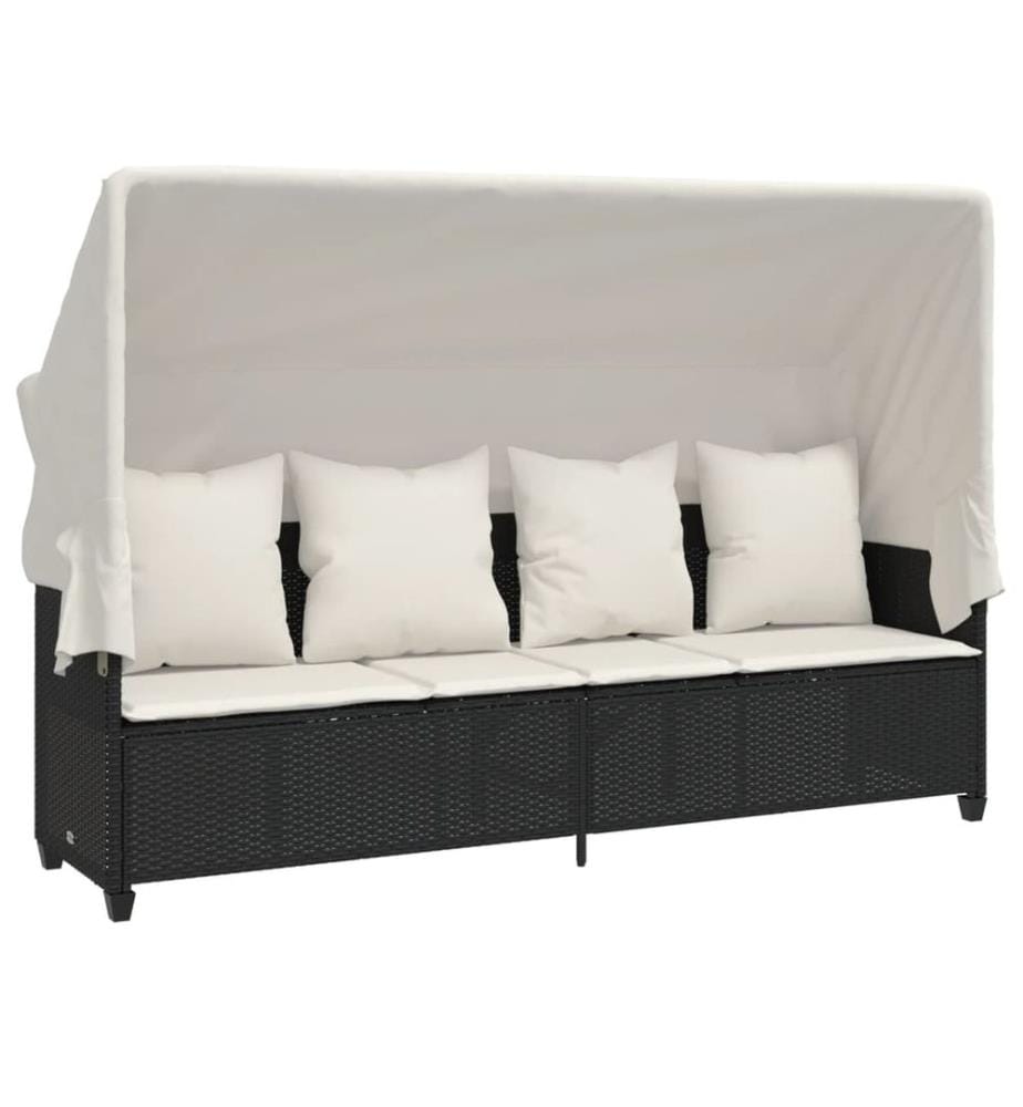 vidaXL Sonnenliege mit Dach und Kissen Schwarz Poly Rattan