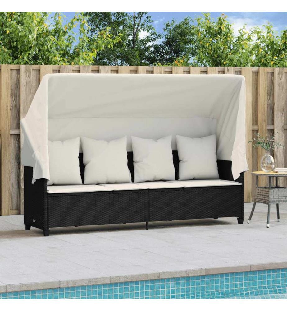 vidaXL Sonnenliege mit Dach und Kissen Schwarz Poly Rattan