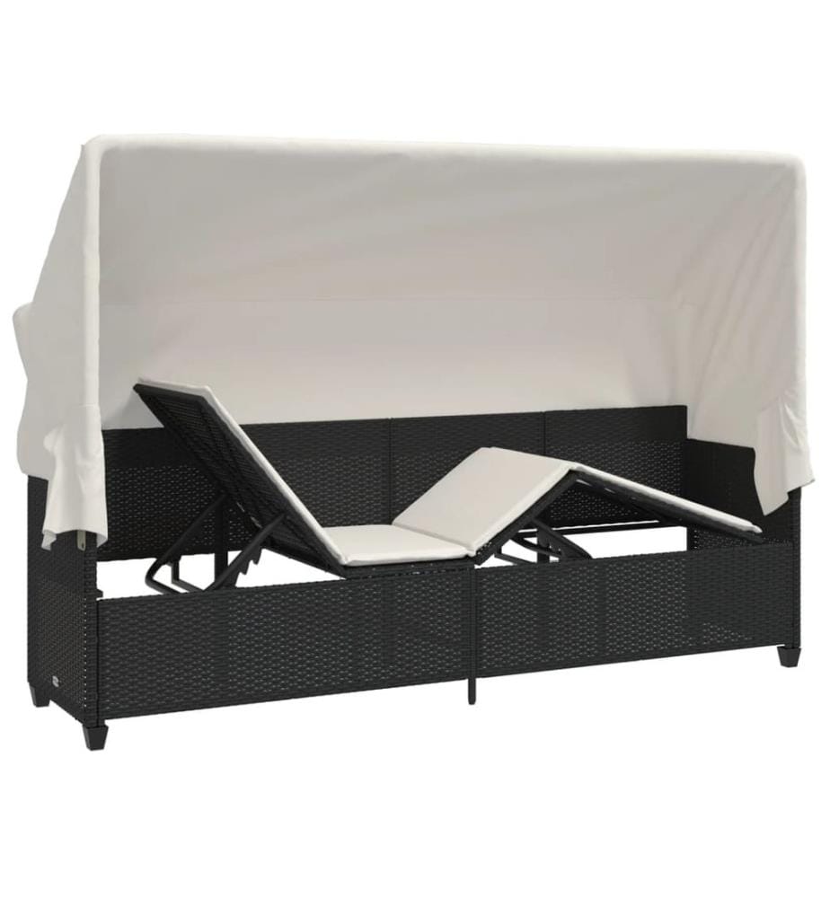 vidaXL Sonnenliege mit Dach und Kissen Schwarz Poly Rattan
