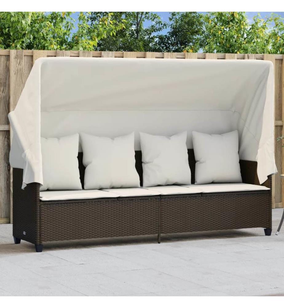 vidaXL Sonnenliege mit Dach und Kissen Braun Poly Rattan