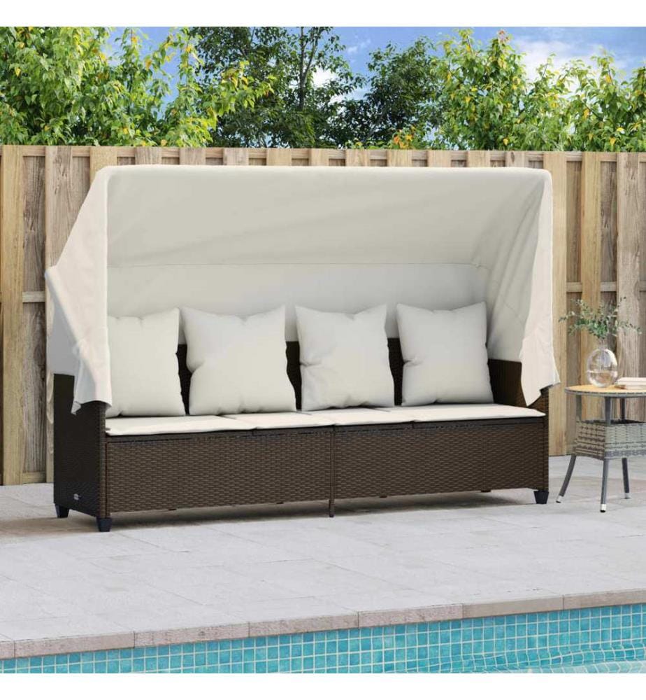 vidaXL Sonnenliege mit Dach und Kissen Braun Poly Rattan