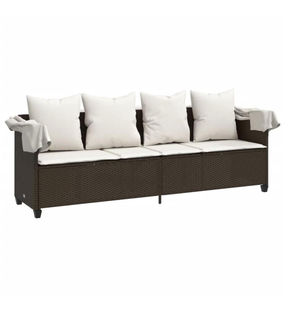 vidaXL Sonnenliege mit Dach und Kissen Braun Poly Rattan