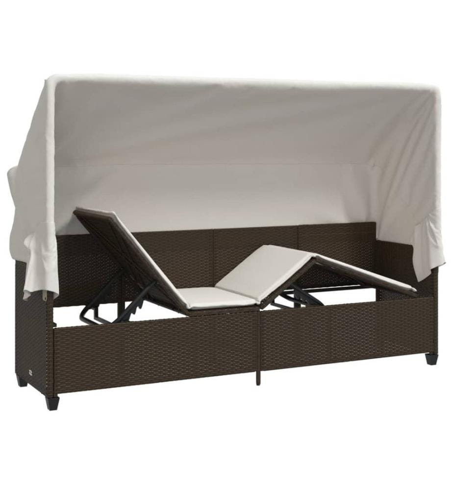 vidaXL Sonnenliege mit Dach und Kissen Braun Poly Rattan