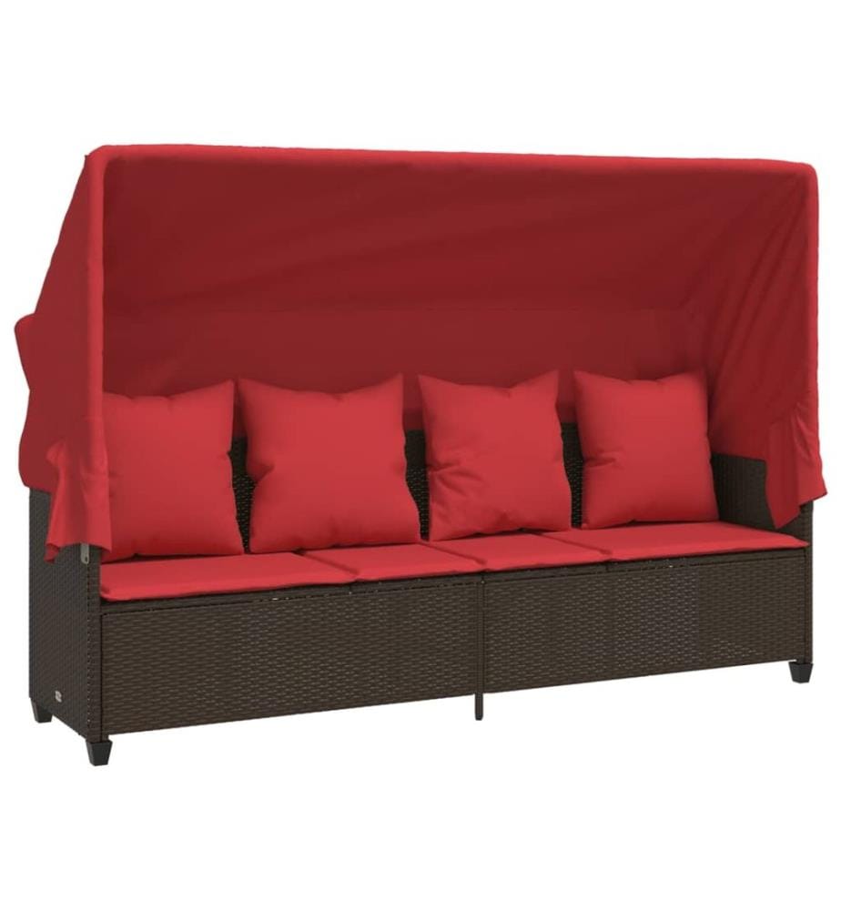 vidaXL Sonnenliege mit Dach und Kissen Braun Poly Rattan