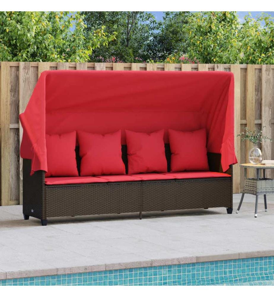 vidaXL Sonnenliege mit Dach und Kissen Braun Poly Rattan
