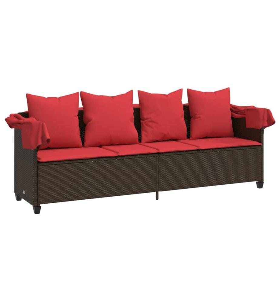 vidaXL Sonnenliege mit Dach und Kissen Braun Poly Rattan