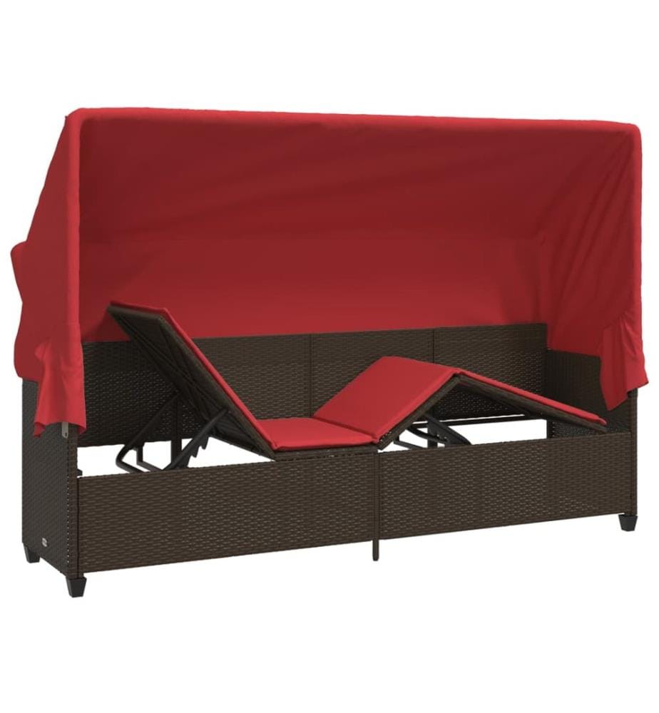 vidaXL Sonnenliege mit Dach und Kissen Braun Poly Rattan