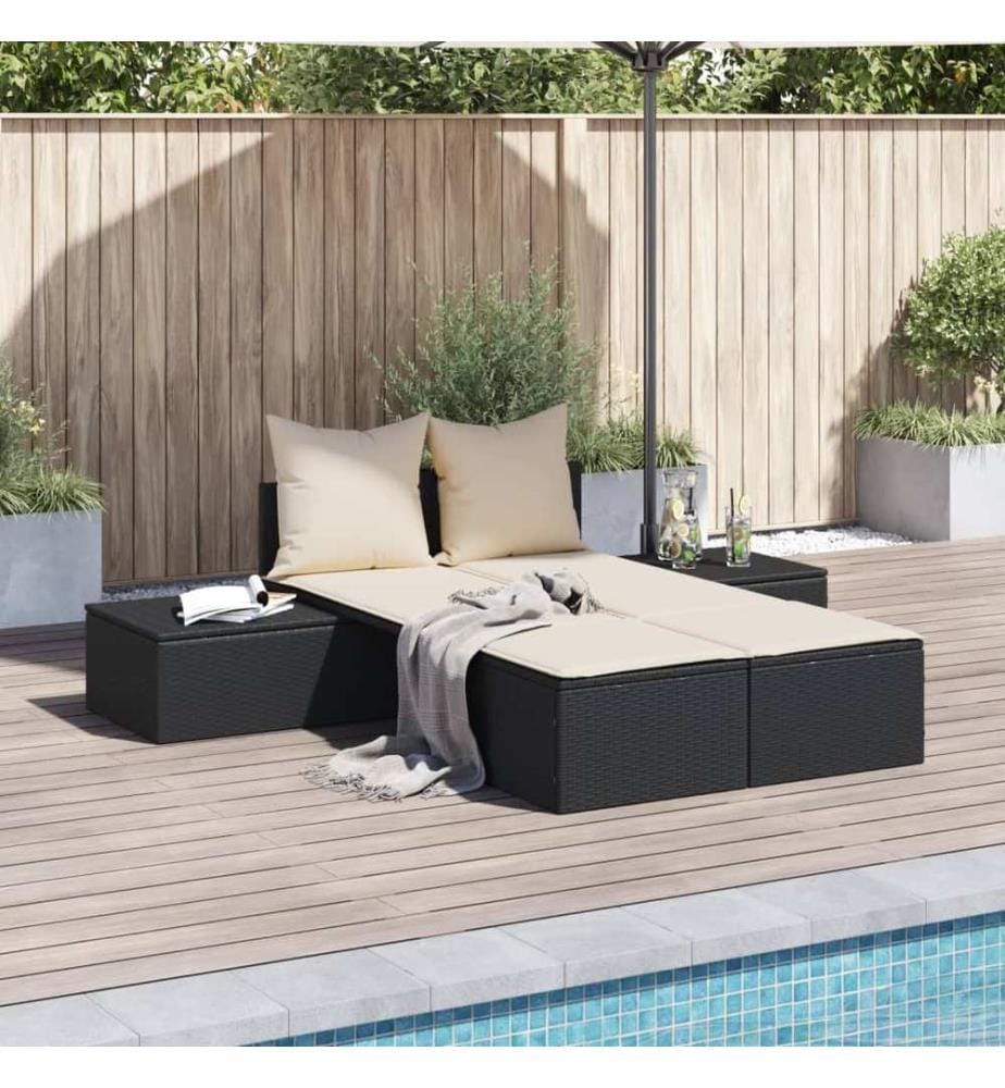 vidaXL Doppel-Sonnenliege mit Kissen Schwarz Poly Rattan