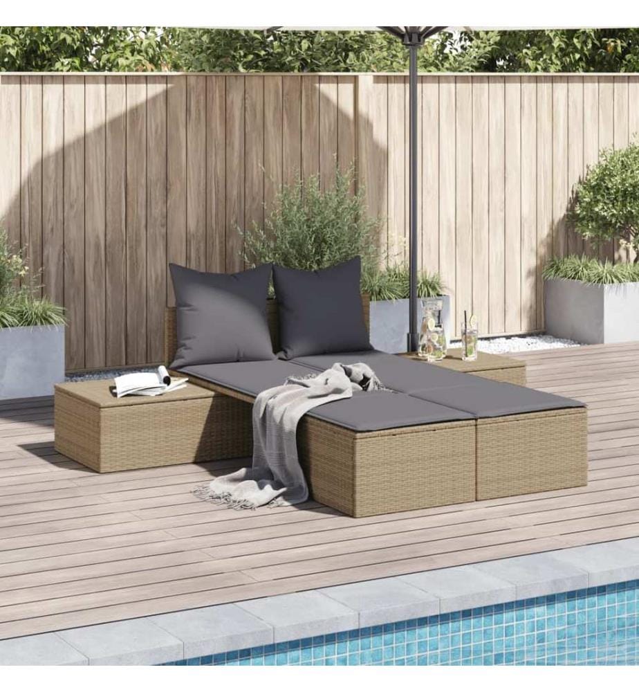 vidaXL Doppel-Sonnenliege mit Auflagen Beige Poly Rattan