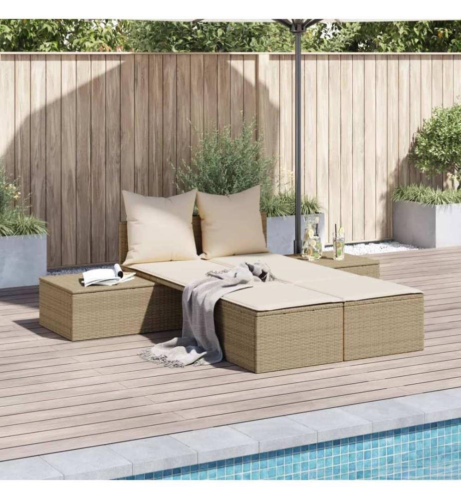 vidaXL Doppel-Sonnenliege mit Auflagen Beige Poly Rattan
