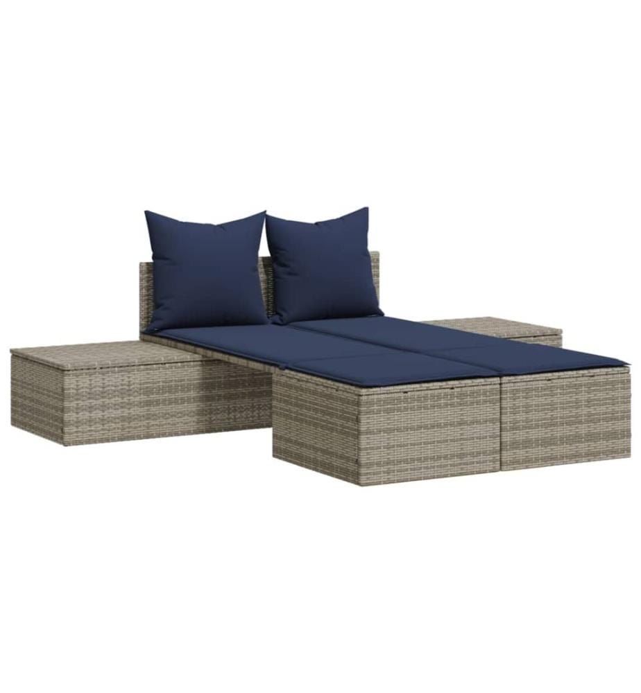 vidaXL Doppel-Sonnenliege mit Kissen Grau Poly Rattan