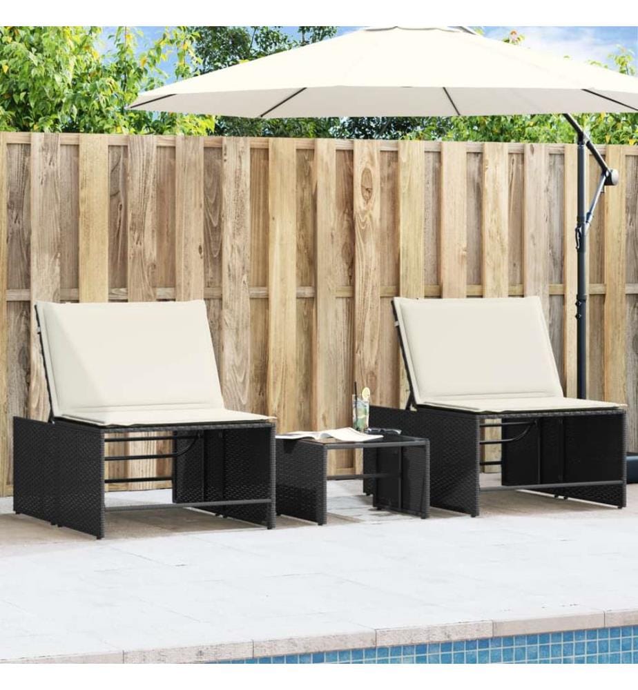 vidaXL Modulare Sonnenliegen 2 Stk. mit Tisch Schwarz Poly Rattan