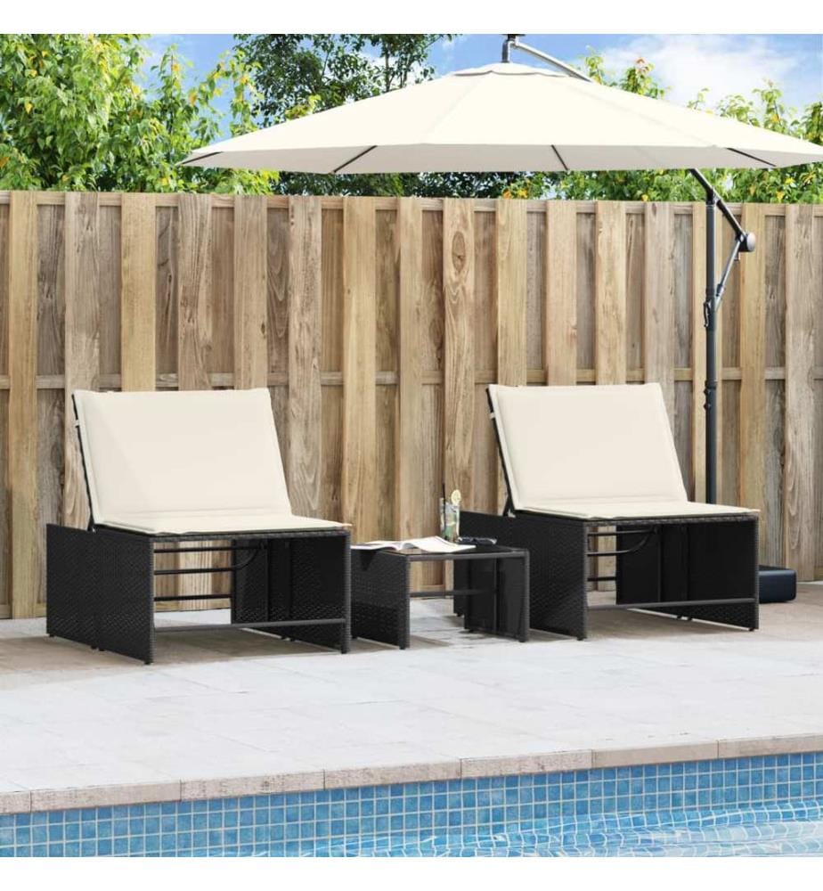 vidaXL Modulare Sonnenliegen 2 Stk. mit Tisch Schwarz Poly Rattan