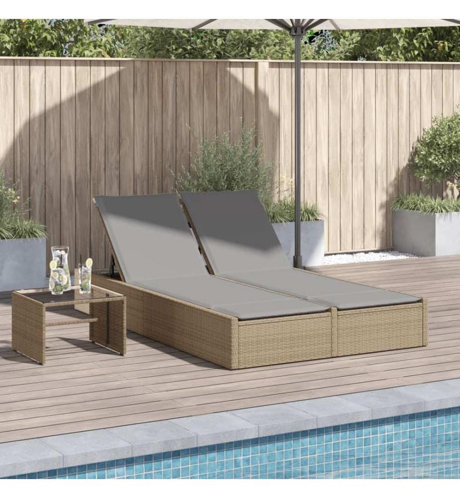 vidaXL Doppel-Sonnenliege mit Auflagen Beige Poly Rattan