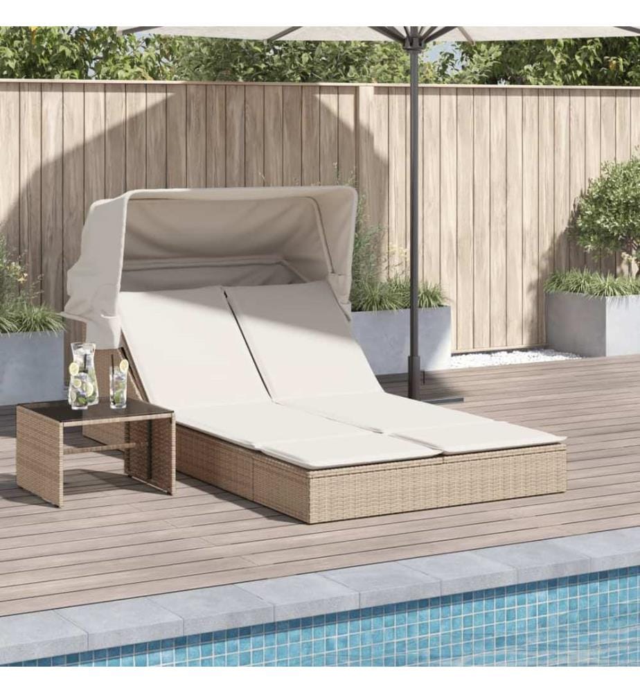 vidaXL Doppel-Sonnenliege mit Dach und Auflagen Beige Poly Rattan