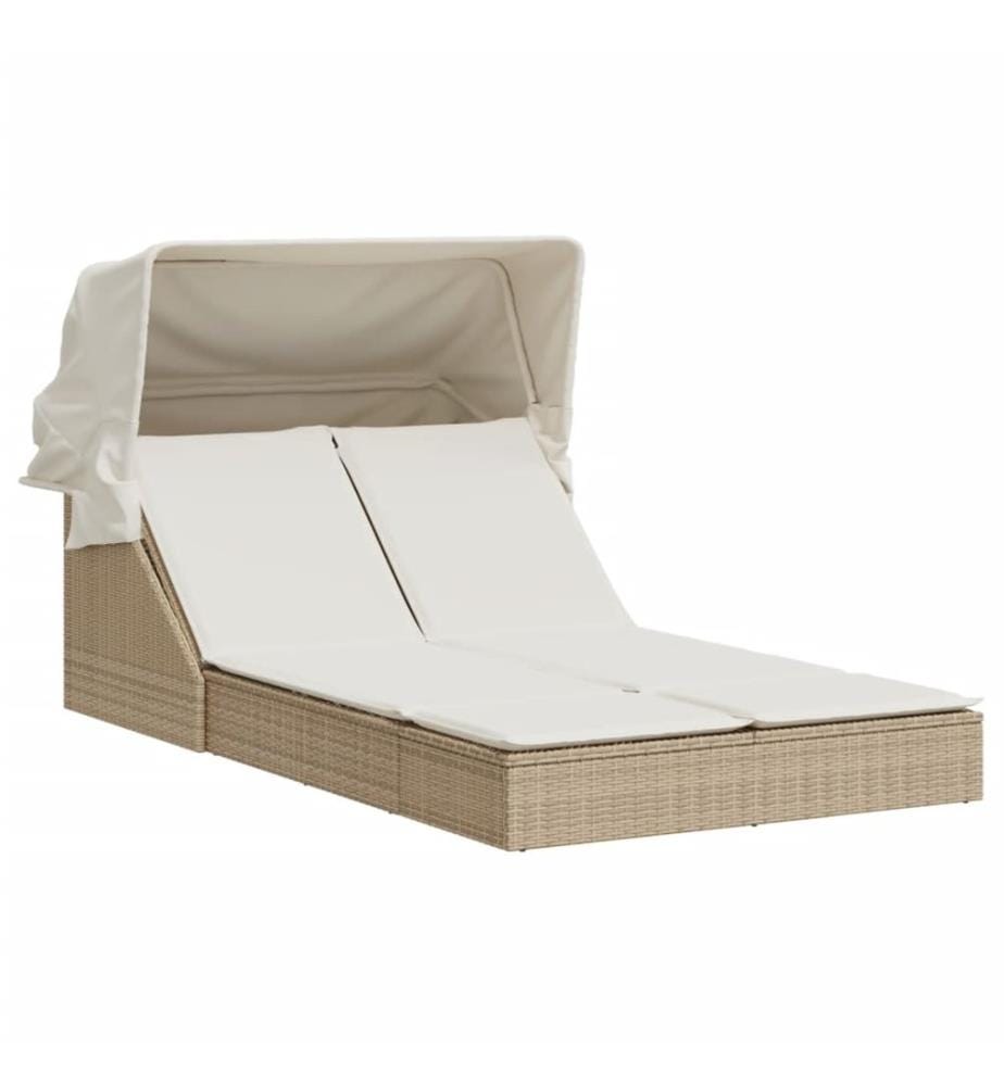 vidaXL Doppel-Sonnenliege mit Dach und Auflagen Beige Poly Rattan