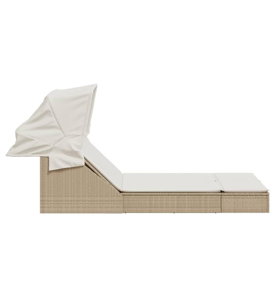 vidaXL Doppel-Sonnenliege mit Dach und Auflagen Beige Poly Rattan
